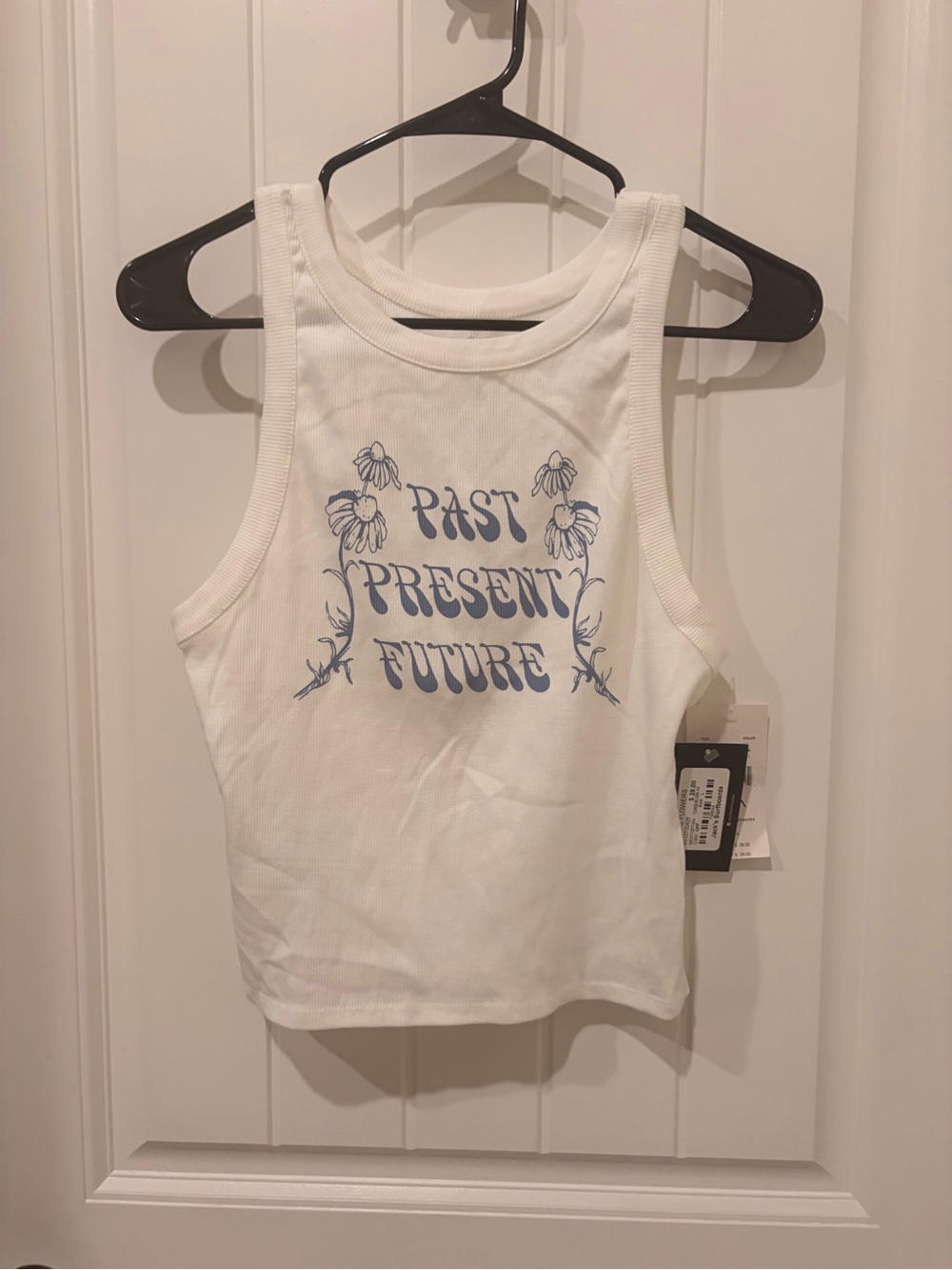RVCA White Ribbed Graphic Tank with Blue Floral Text
